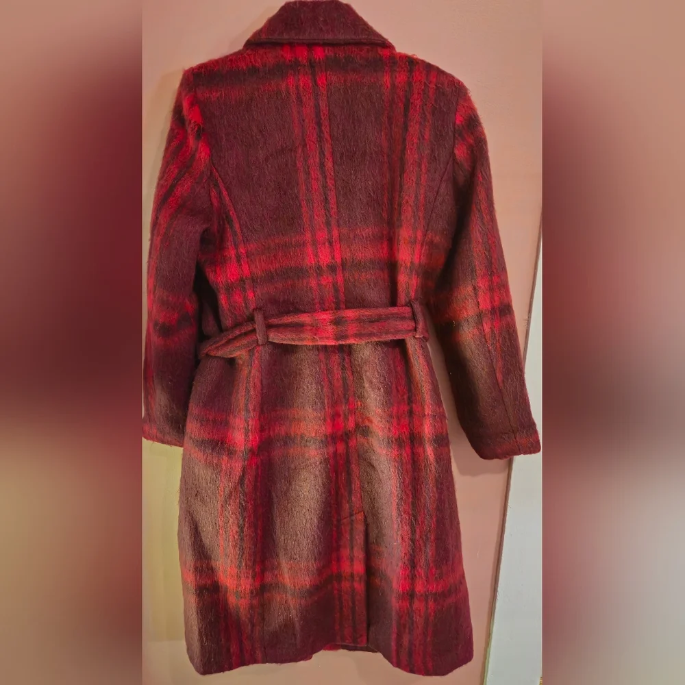 Liz Claiborne Full Length Wool Like Belted Coat Plaid Red BNWT - Picture 2 of 6